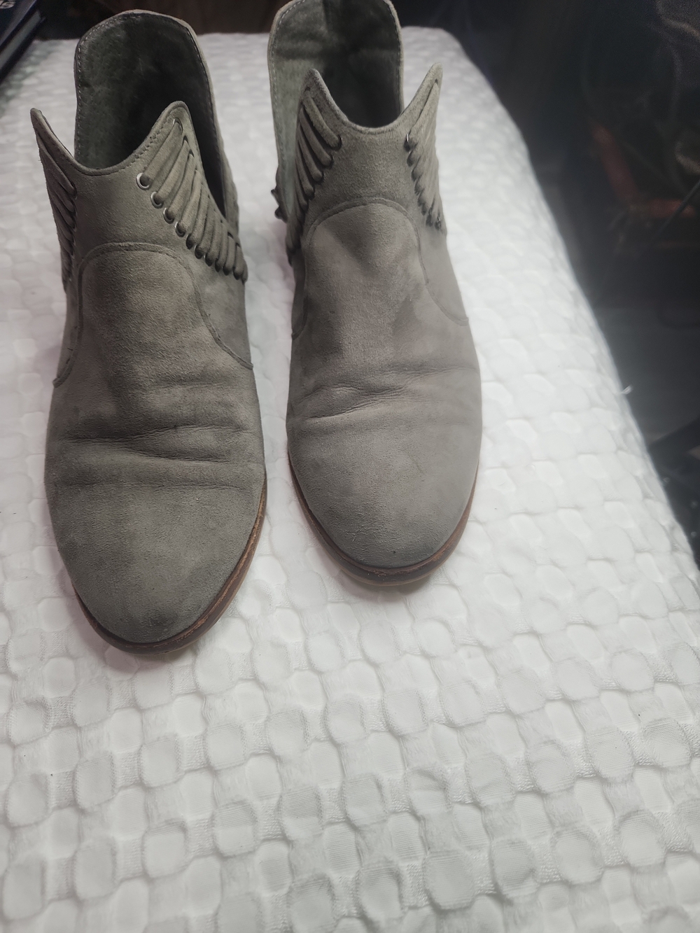 Vince Camuto Grey Suede Fringe Ankle Booties